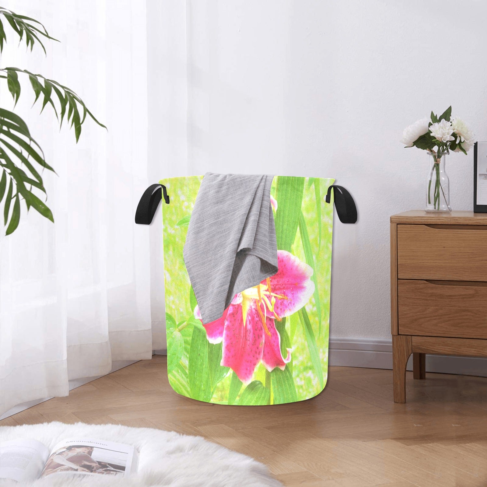 Fabric Laundry Basket with Handles, Pretty Deep Pink Stargazer Lily on Lime Green