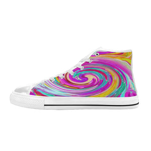 High Top Sneakers for Women, Colorful Fiesta Swirl Retro Abstract Design - White