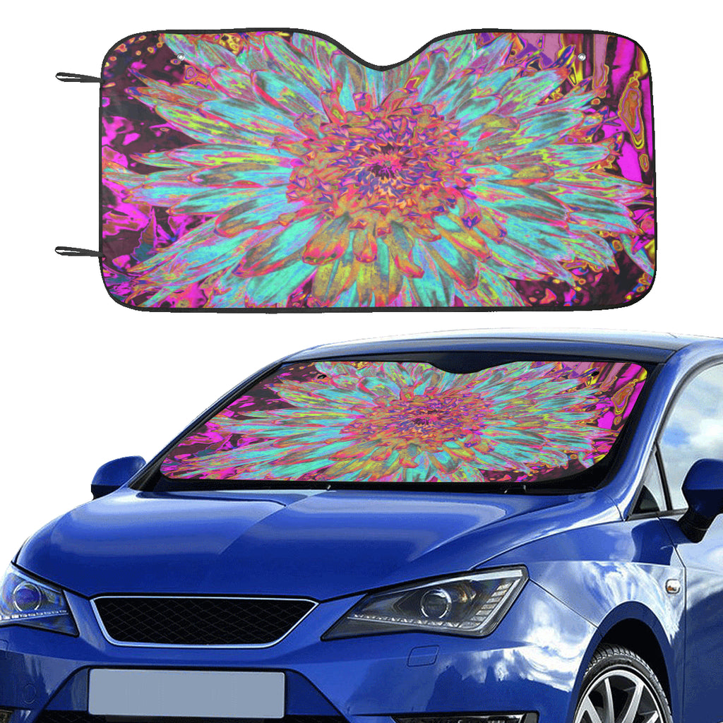 Auto Sun Shade, Psychedelic Teal Blue Abstract Decorative Dahlia