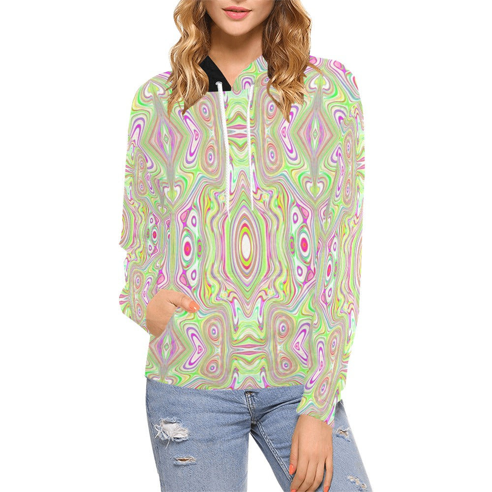 Hoodies for Women, Trippy Retro Pink and Lime Green Abstract Pattern