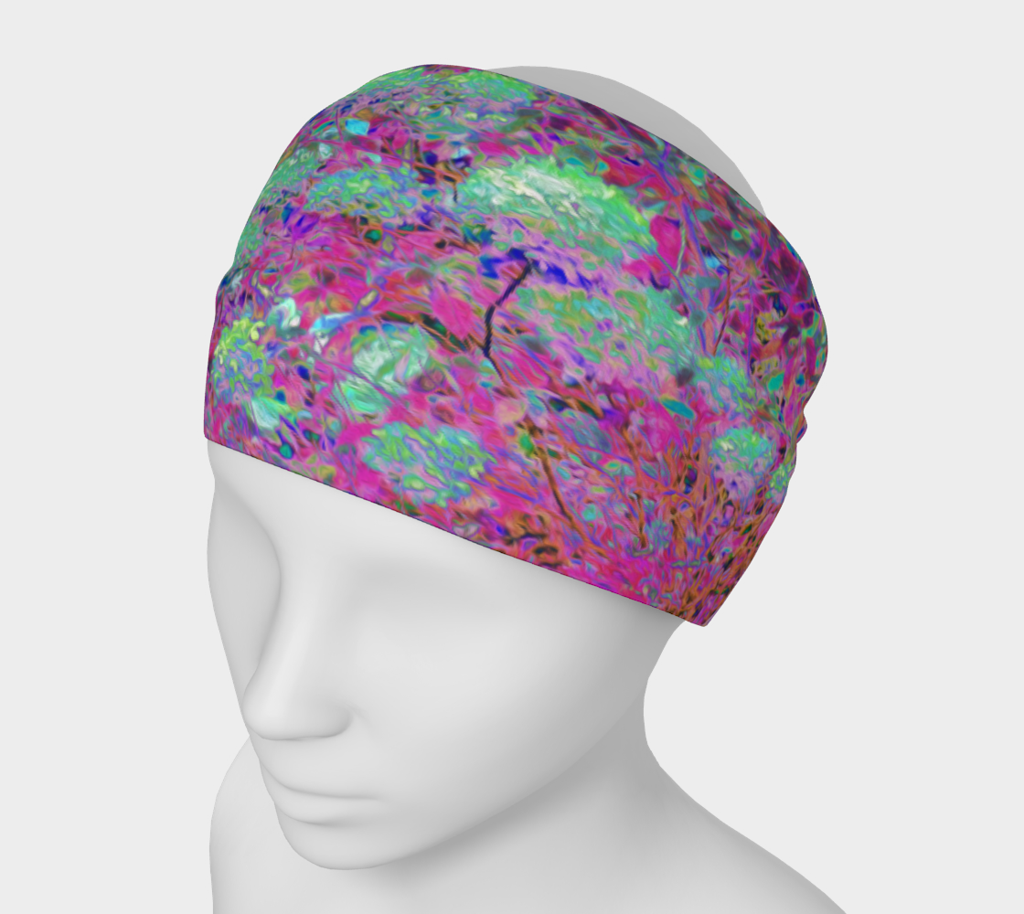 Wide Fabric Headband, Magenta Garden with Aqua Hydrangea Flowers, Face Covering