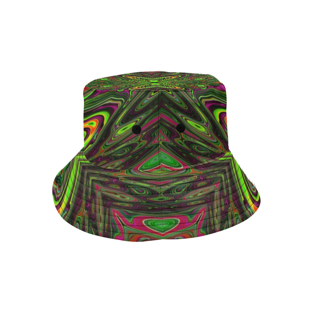 Bucket Hats - Trippy Retro Lime Green Abstract Butterfly