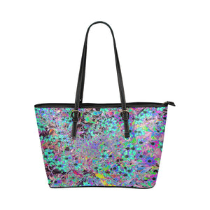 Black Vegan Tote Bags, Purple Garden with Psychedelic Aquamarine Flowers - Large