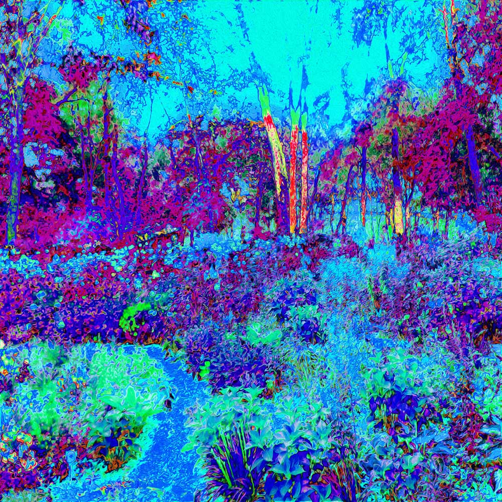 Women's Rash Guard Shirts, Psychedelic Impressionistic Blue Garden Landscape