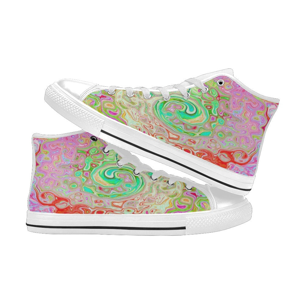 High Top Sneakers for Women, Groovy Abstract Retro Pastel Green Liquid Swirl - White