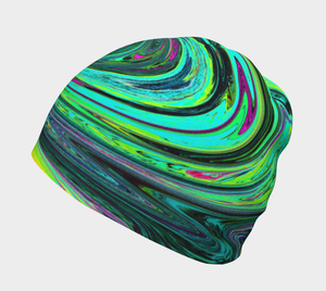 Beanie Hats, Groovy Abstract Retro Green and Magenta Swirl