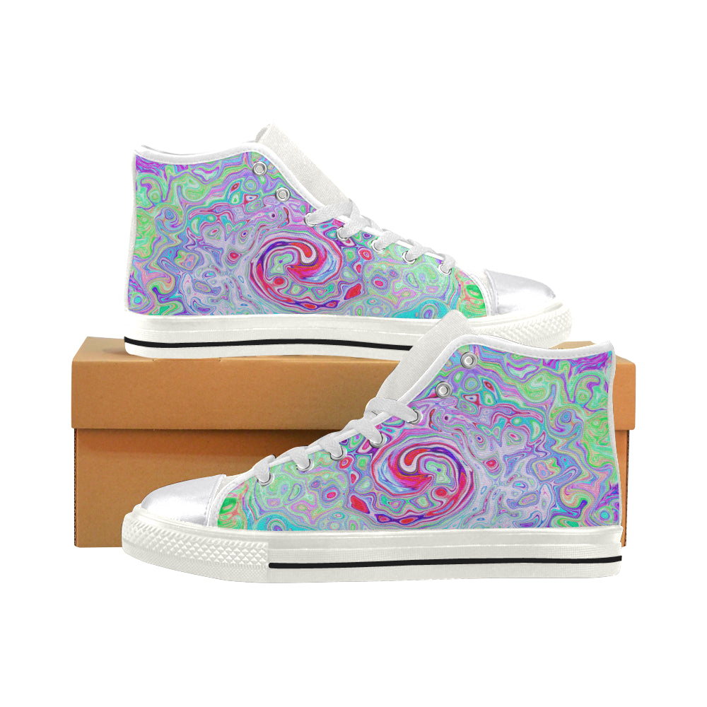 High Top Sneakers for Women, Groovy Abstract Retro Pink and Green Swirl - White