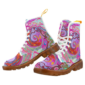 Colorful Boots for Women, Groovy Abstract Retro Hot Pink and Blue Swirl, White