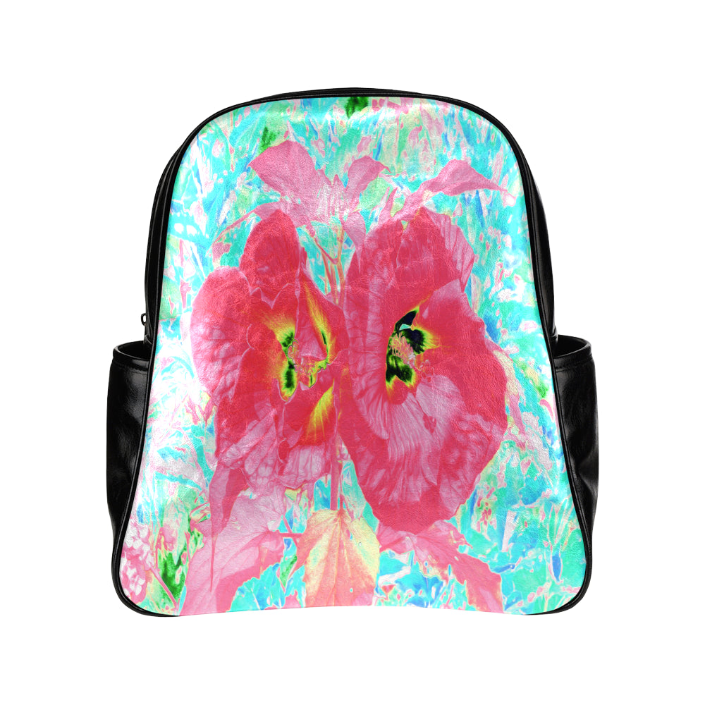 Backpack – Faux Leather, Two Rosy Red Coral Plum Crazy Hibiscus on Aqua Blue