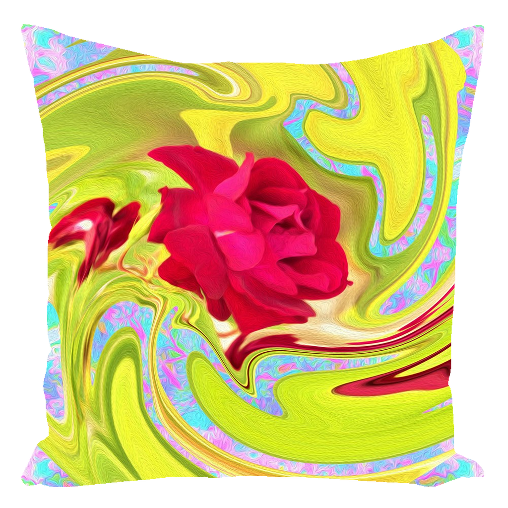 Decorative Throw Pillows, Painted Red Rose on Yellow and Blue Abstract ...