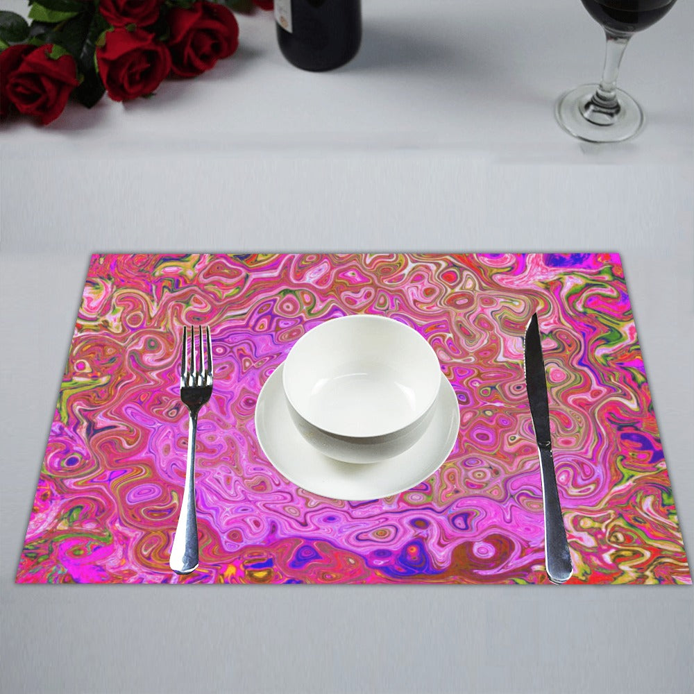 Cloth Placemats Set, Hot Pink Marbled Colors Abstract Retro Swirl