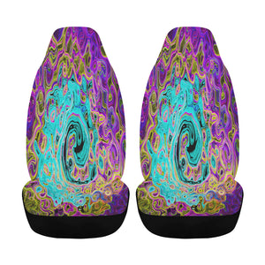 Car Seat Covers, Icy Aqua Blue Groovy Abstract Retro Liquid Swirl