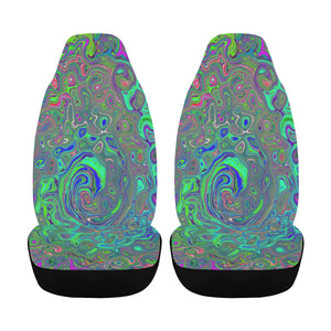 Car Seat Covers, Trippy Chartreuse and Blue Retro Liquid Swirl