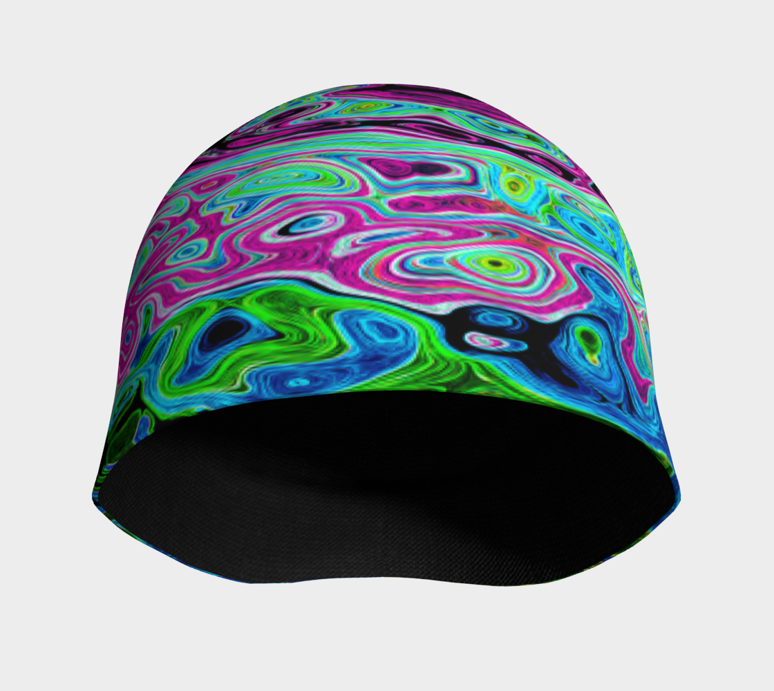 Beanie Hats, Hot Pink and Blue Groovy Abstract Retro Liquid Swirl