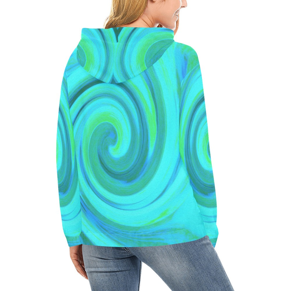 Hoodies for Women, Groovy Cool Abstract Aqua Liquid Art Swirl