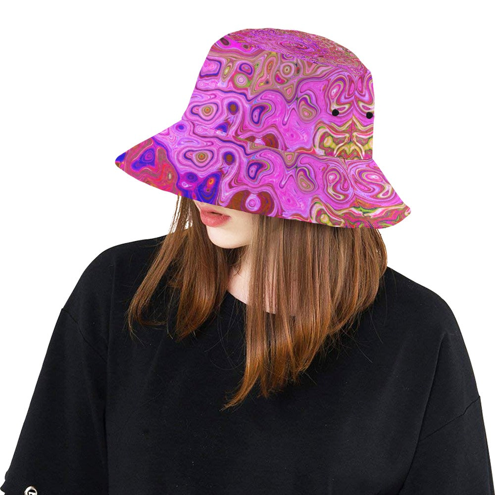 Bucket Hats for Women, Hot Pink Marbled Colors Abstract Retro Swirl