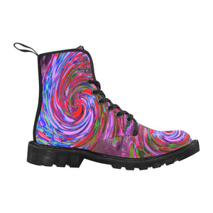 Boots for Women, Cool Red, Blue and Pink Abstract Floral Swirl - Black