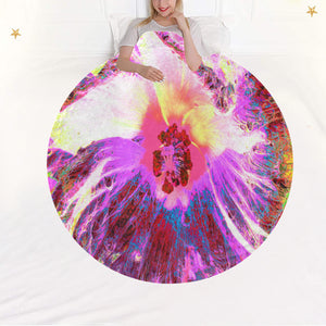 Round Fleece Blankets, Psychedelic Trippy Rainbow Colors Hibiscus Flower