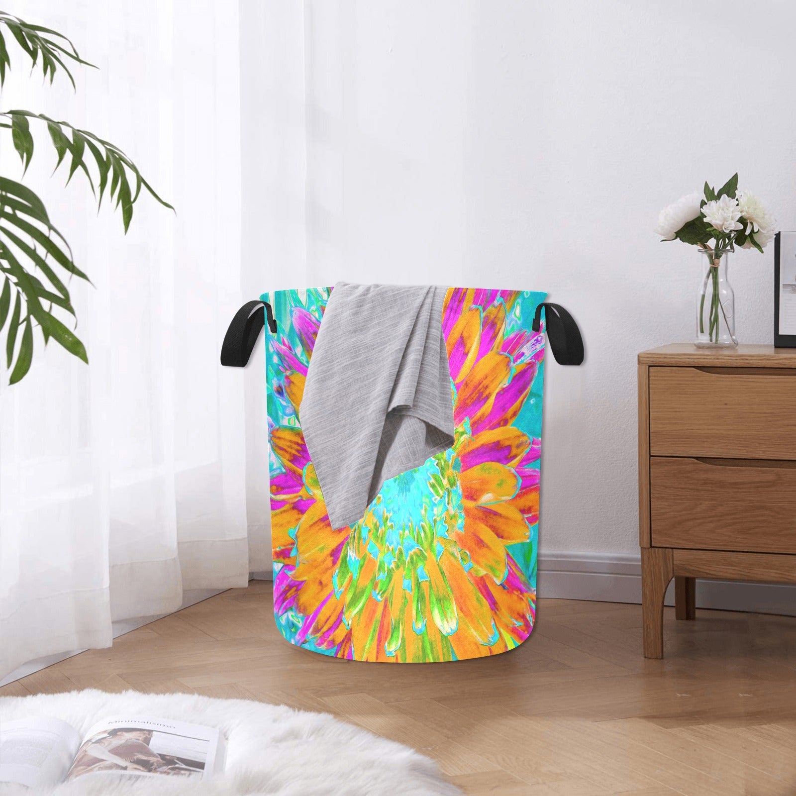 Fabric Laundry Basket with Handles, Tropical Orange and Hot Pink Decorative Dahlia