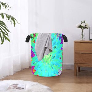 Fabric Laundry Basket with Handles, Aqua Cactus Dahlia Abstract Macro Flower