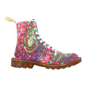 Boots for Women, Watercolor Red Groovy Abstract Retro Liquid Swirl - White