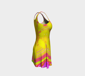 Fit and Flare Dresses, Yellow Sunflower on a Psychedelic Swirl
