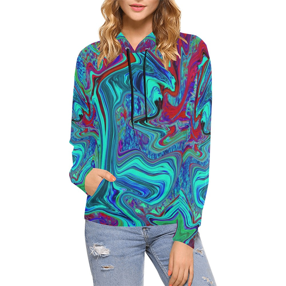 Hoodies for Women, Groovy Abstract Retro Art in Blue and Red