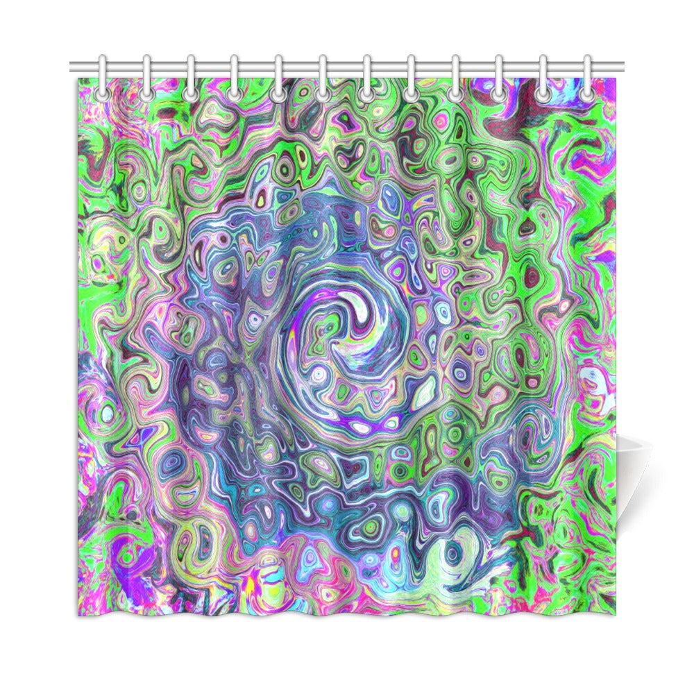 Shower Curtains, Marbled Lime Green and Purple Abstract Retro Swirl