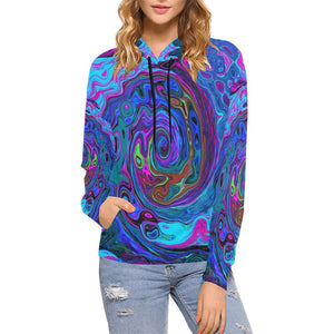 Hoodies for Women, Groovy Abstract Retro Blue and Purple Swirl
