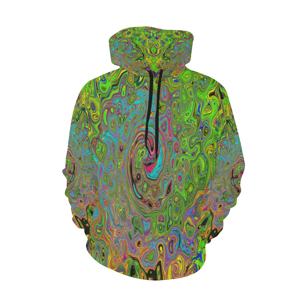 Hoodies for Men, Groovy Abstract Retro Lime Green and Blue Swirl