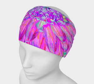 Wide Fabric Headband, Cool Pink, Blue and Purple Cactus Dahlia Explosion, Face Covering