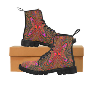 Boots for Women, Abstract Trippy Orange and Magenta Butterfly - Black