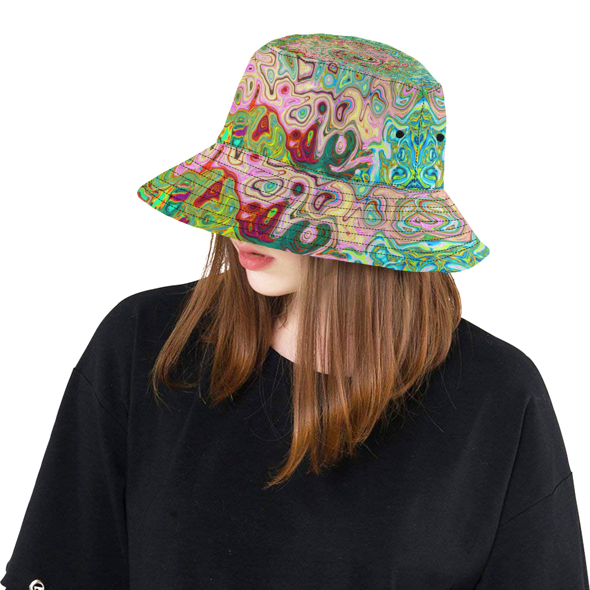 Bucket Hats, Retro Groovy Abstract Colorful Rainbow Swirl