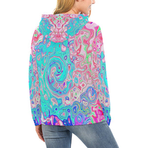 Hoodies for Women, Groovy Aqua Blue and Pink Abstract Retro Swirl