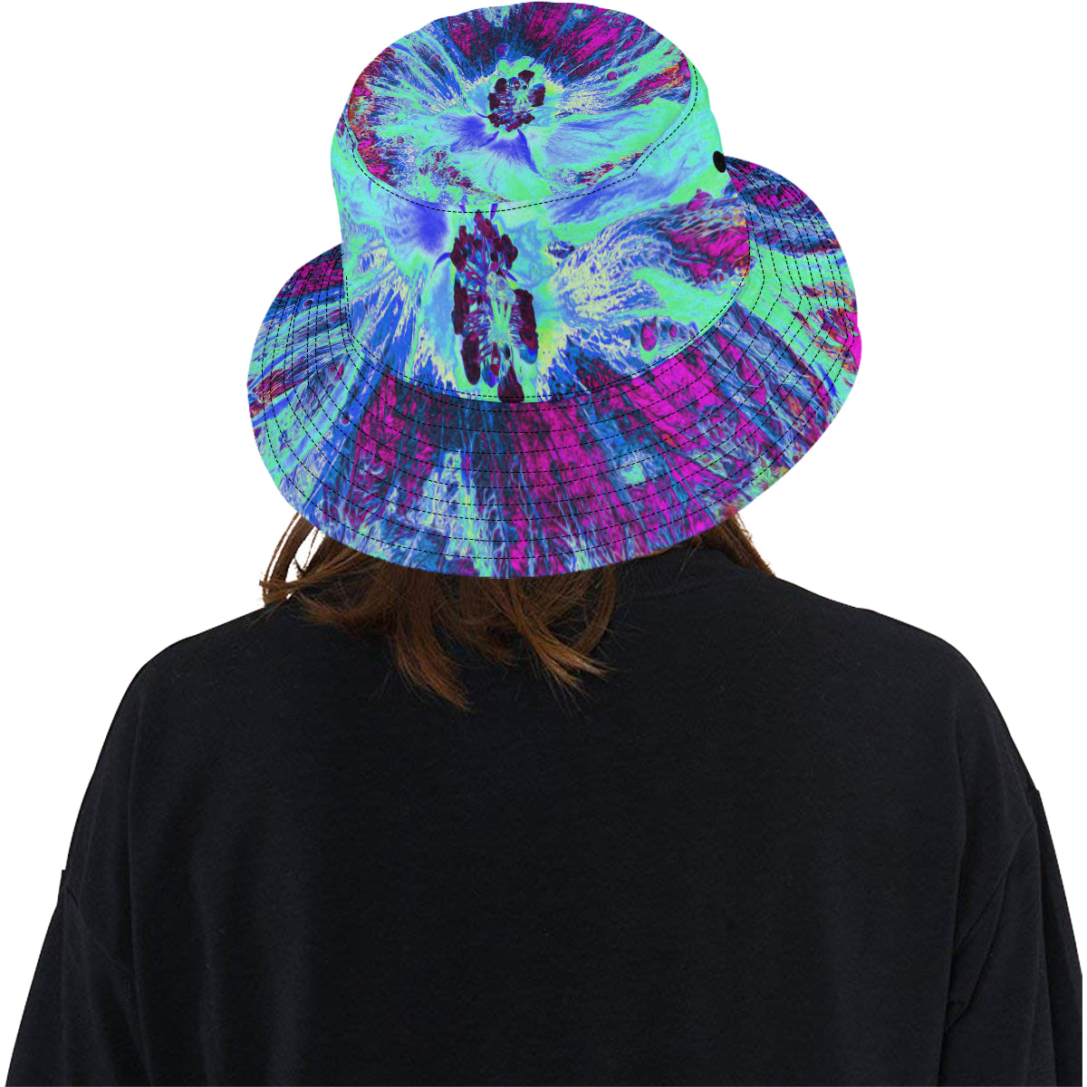 Bucket Hats, Psychedelic Retro Green and Blue Hibiscus Flower