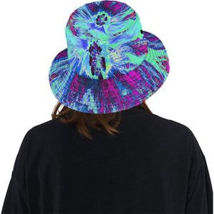 Bucket Hats, Psychedelic Retro Green and Blue Hibiscus Flower