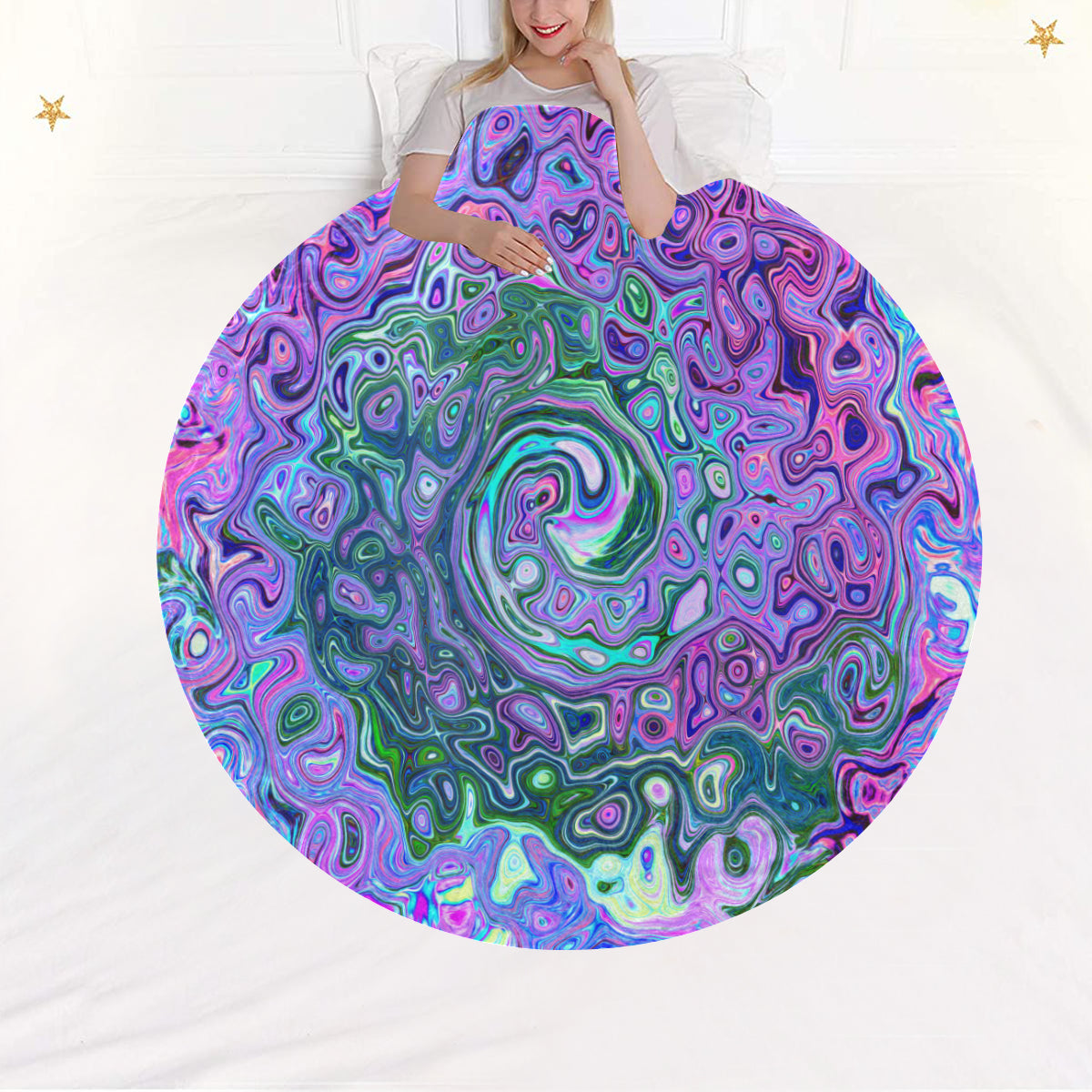 Round Throw Blankets, Groovy Abstract Retro Green and Purple Swirl