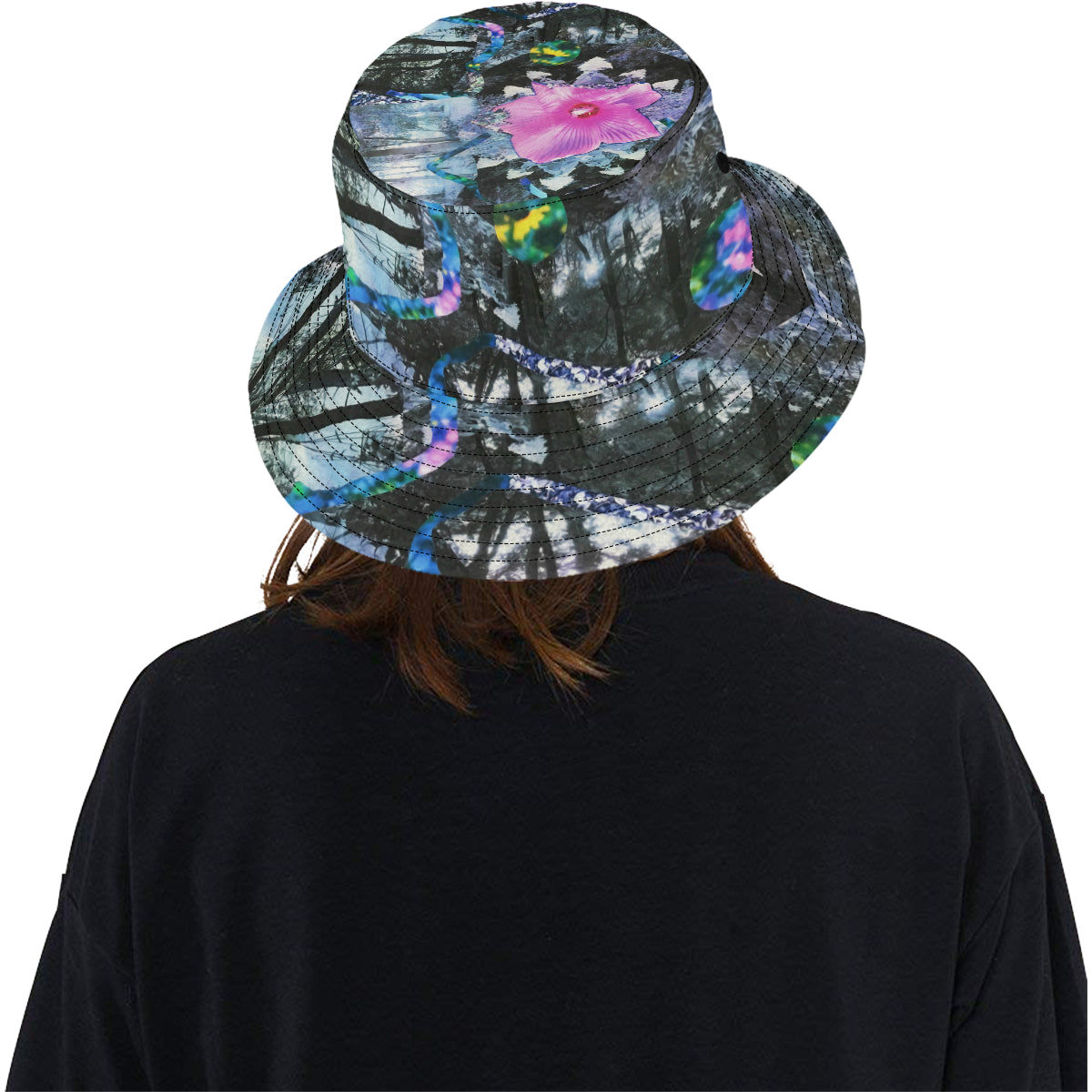 Bucket Hats, Pink Hibiscus Black and White Landscape Collage