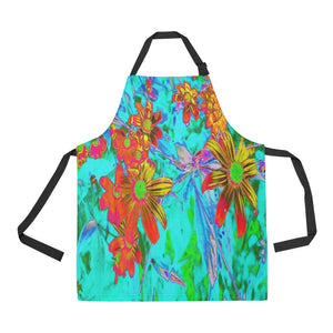Apron with Pockets, Aqua Tropical with Yellow and Orange Flowers