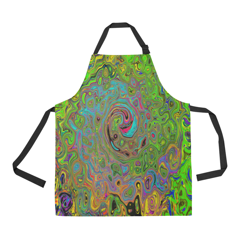 Apron with Pockets, Groovy Abstract Retro Lime Green and Blue Swirl