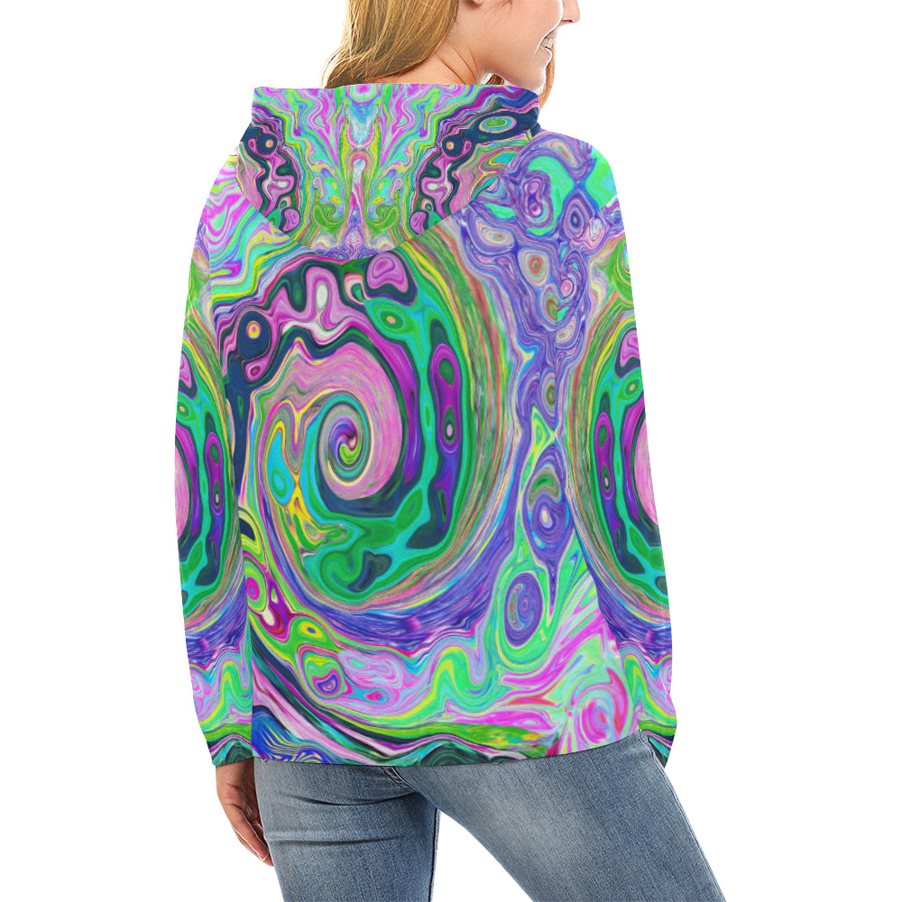 Hoodies for Women, Groovy Abstract Aqua and Navy Lava Swirl