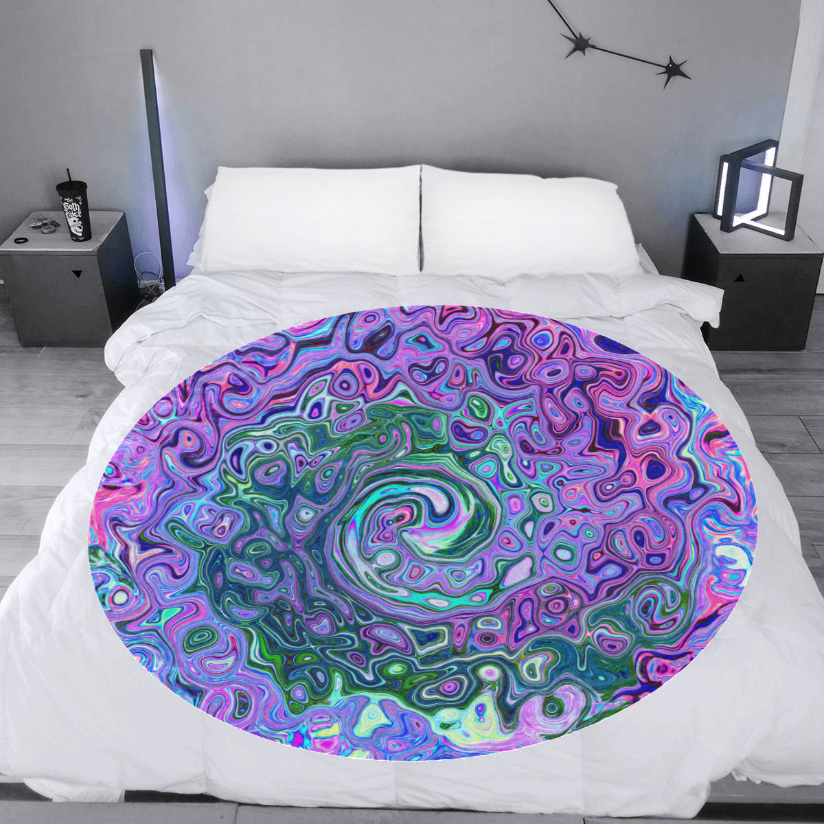 Round Throw Blankets, Groovy Abstract Retro Green and Purple Swirl