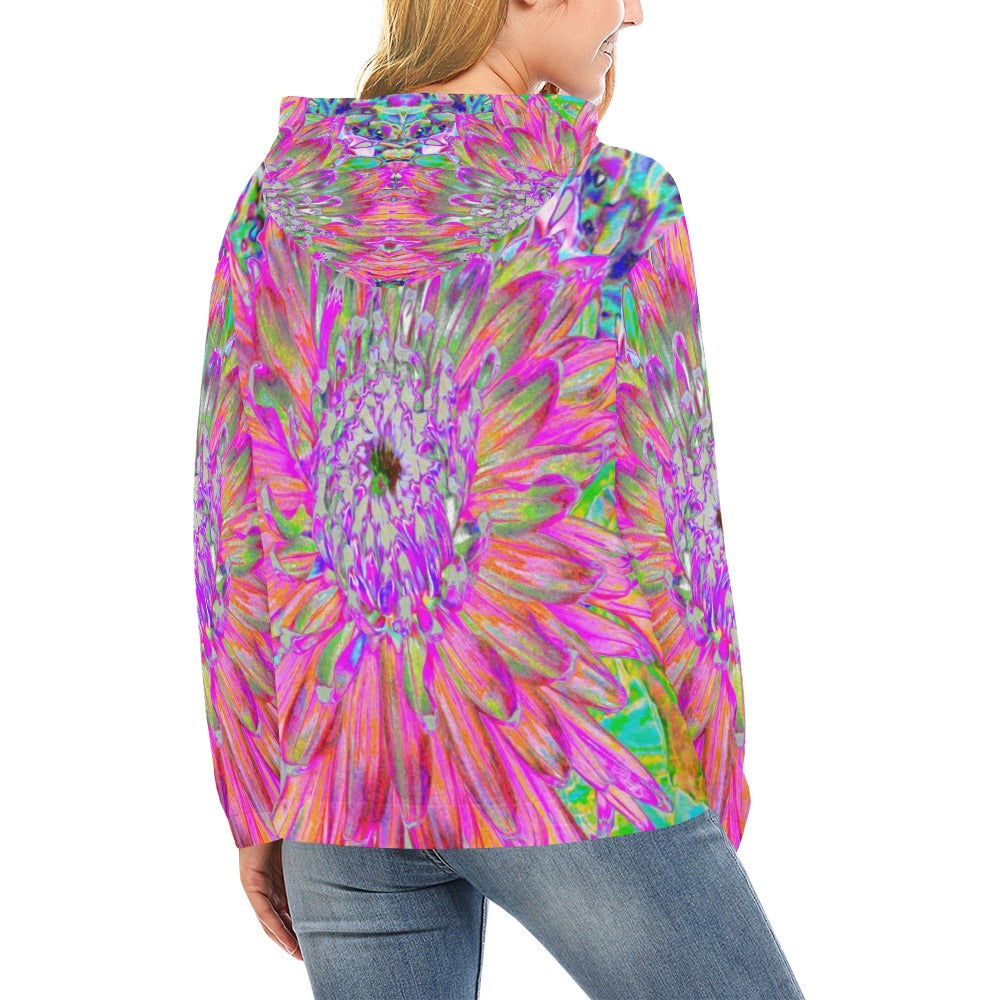 Hoodies for Women, Colorful Rainbow Abstract Decorative Dahlia Flower