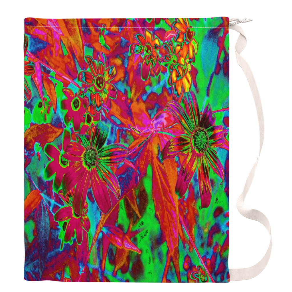 Large Laundry Bags, Psychedelic Groovy Red and Green Wildflowers