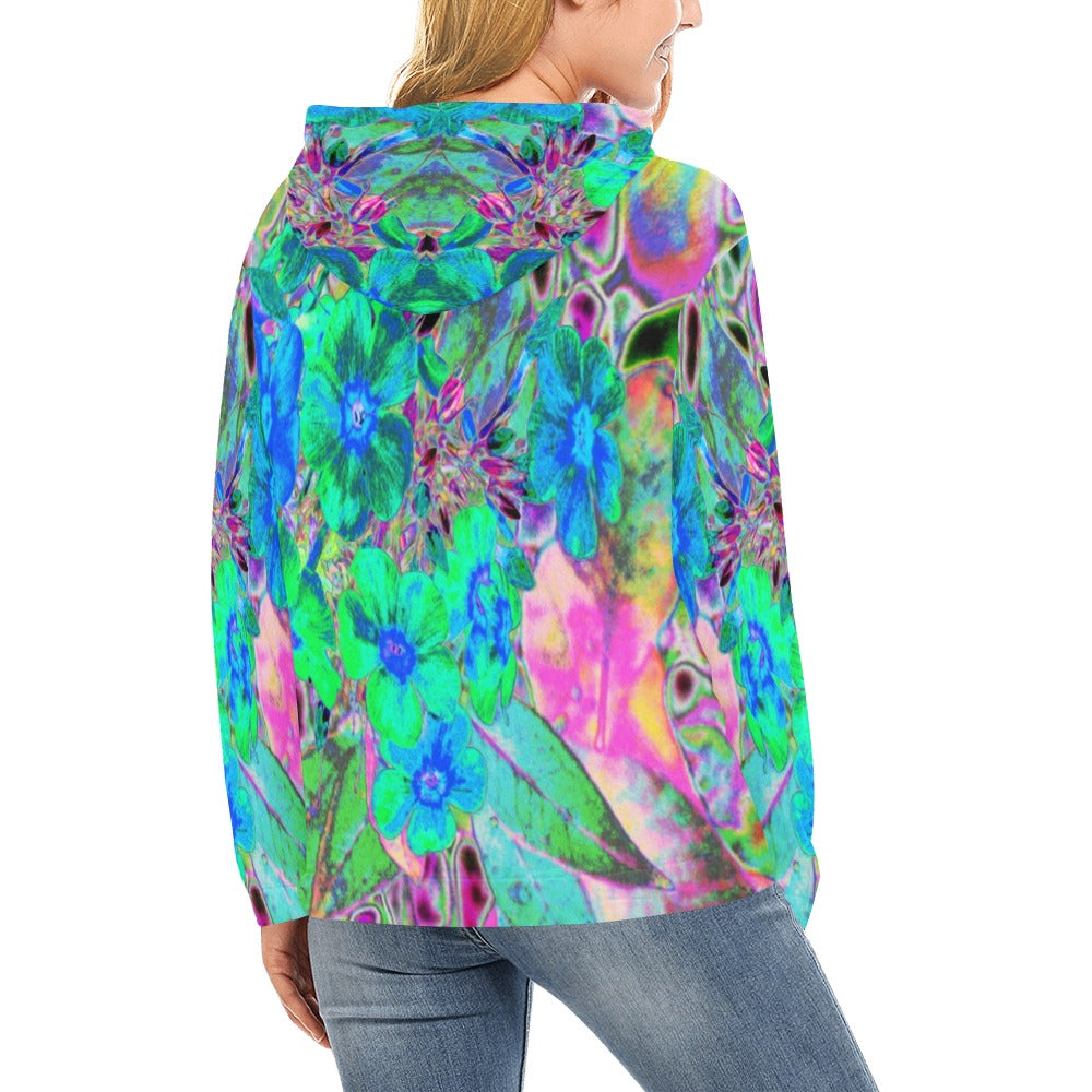 Hoodies for Women, Psychedelic Trippy Lime Green and Blue Flowers