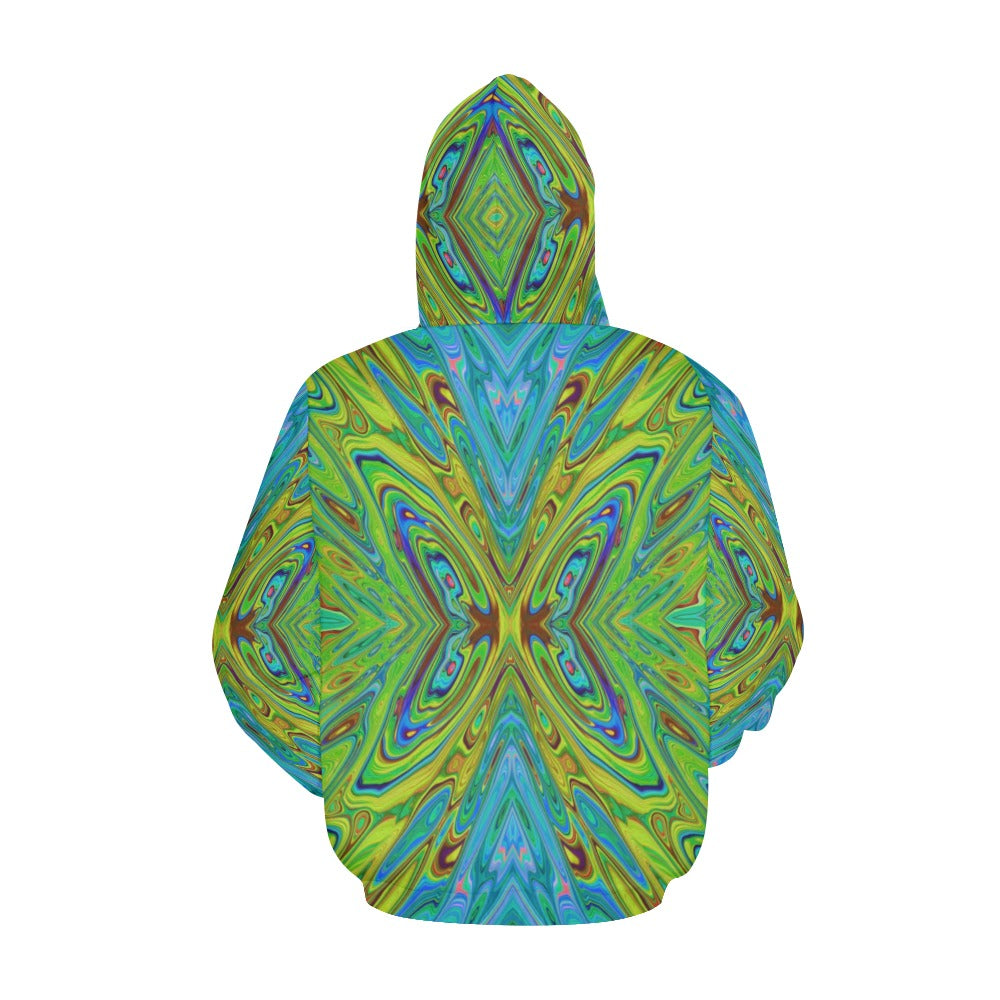Hoodies for Women, Trippy Chartreuse and Blue Abstract Butterfly