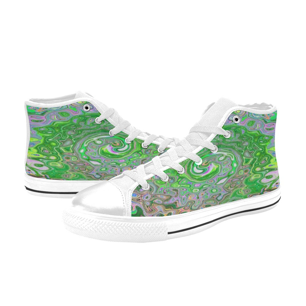 Kids High Top Sneakers, Trippy Lime Green and Pink Abstract Retro Swirl - White