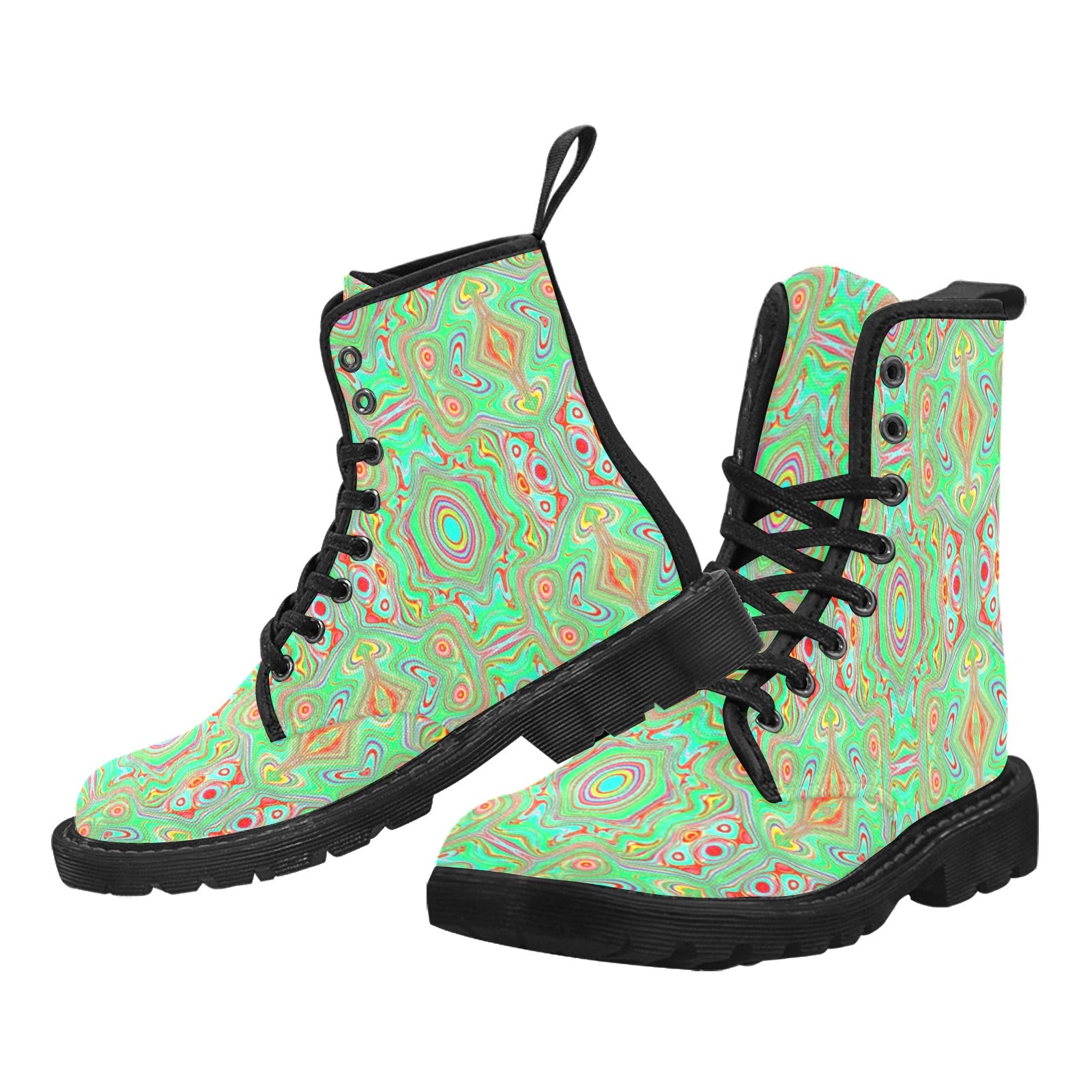 Boots for Women, Trippy Retro Orange and Lime Green Abstract Pattern - Black