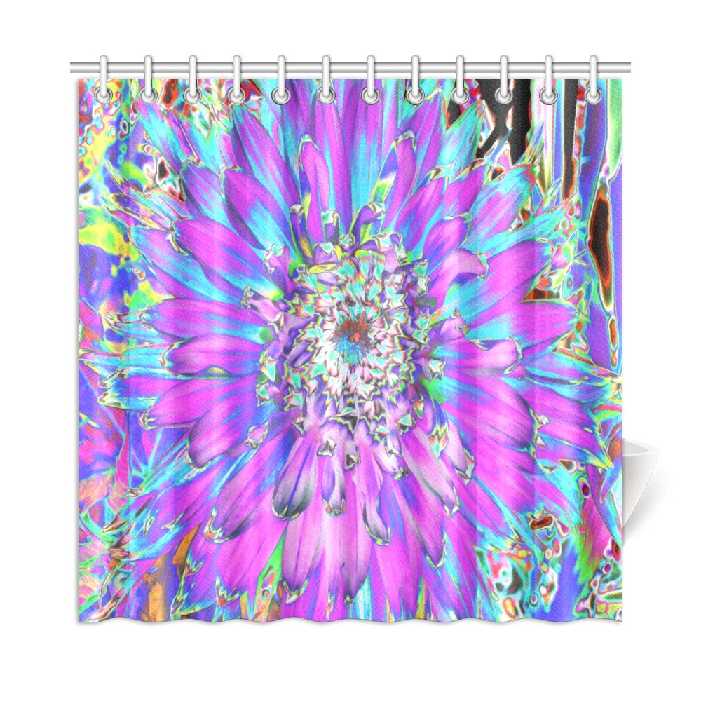 Shower Curtains, Trippy Abstract Aqua, Lime Green and Purple Dahlia - 72 x 72