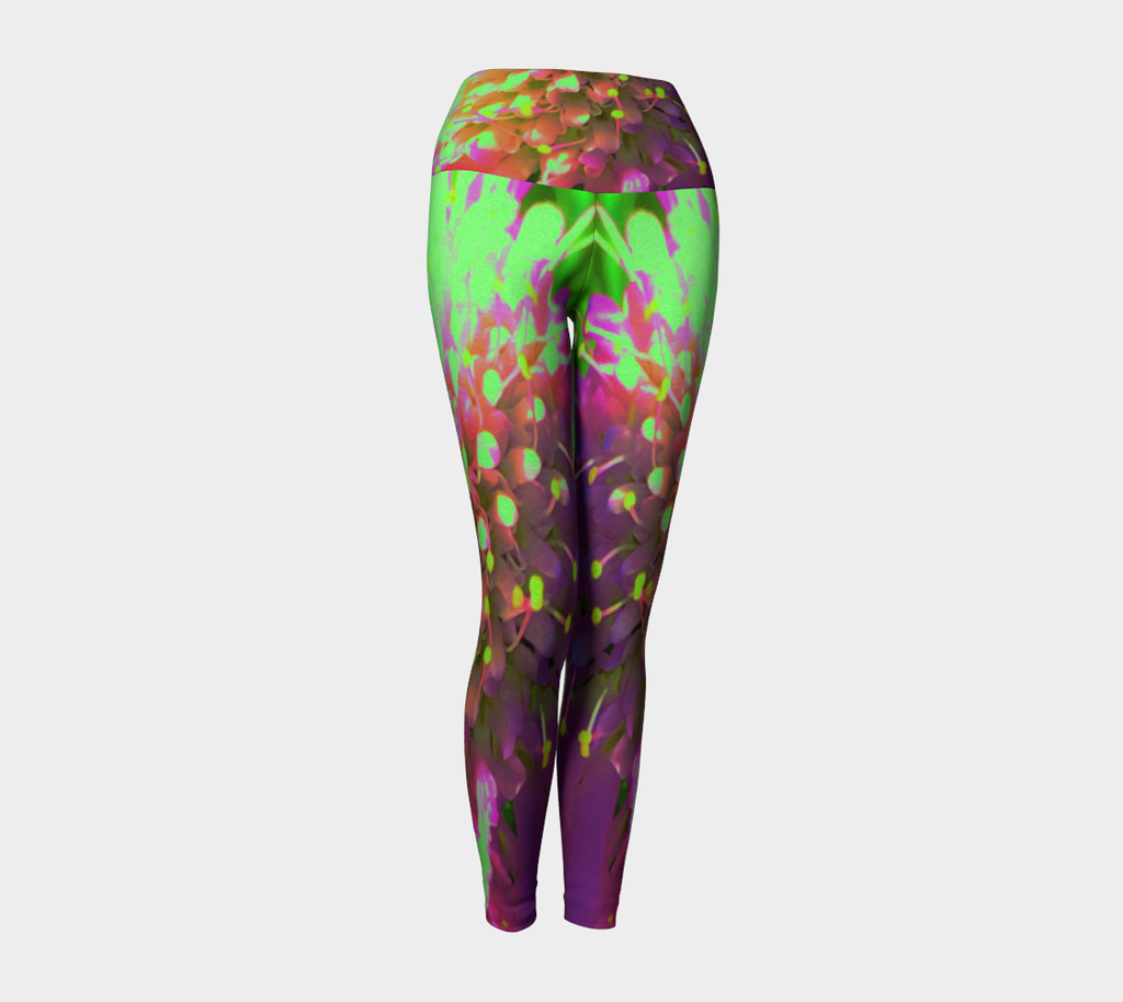 Artsy Yoga Leggings, Abstract Pincushion Flower in Lime Green and Purple